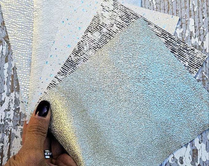 5 Selected leather scraps,SILVER, WHITE tones, printed and metalic printed,mix selection leather pieces as per pictures RT236  La Garzarara