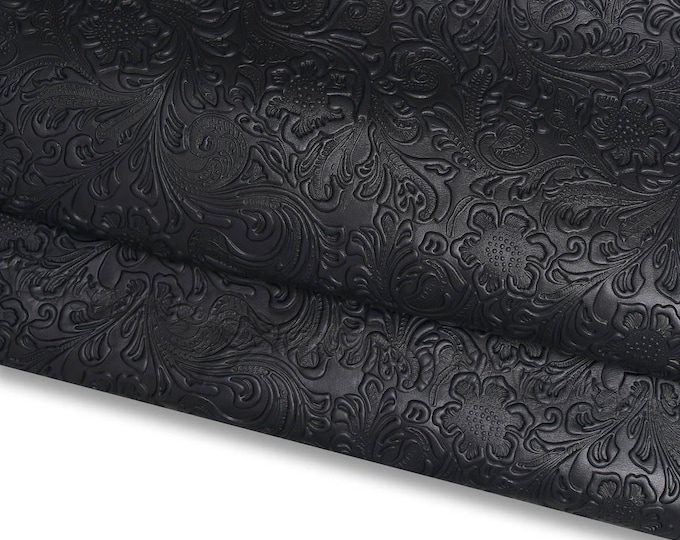 Black/dark brown floral embossed leather cowhide, CHARRO flower print in RELIEF on calfskin, 0.8 mm B17211-TB La Garzarara