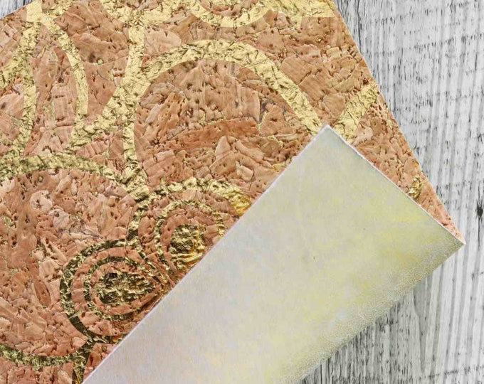Cork Leather - Gold floral print - Cork Printed Leather - gold and white cowhide Backed Cork Sheets 6x4 8x10 12x12 inches   B947