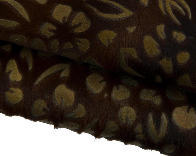 FLORAL printed hair on leather hide, brown beige flower texture on pony calfskin, for diy projects B17426-CV La Garzarara