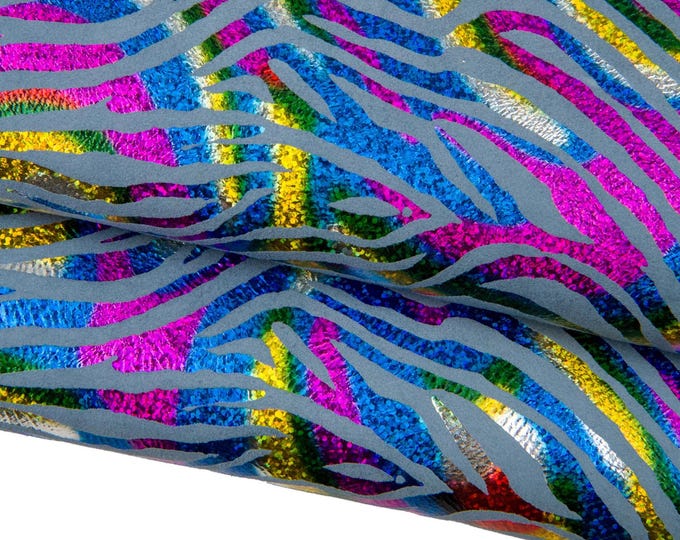 IRIDESCENT multicolor ZEBRA printed leather skin, colorful metallic animal print on grey suede goatskin B14444-MT(st)   La Garzarara