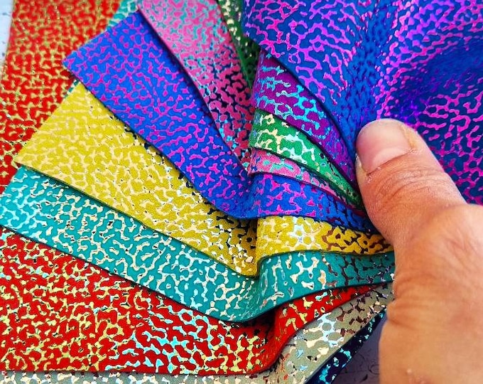 10 Selected leather scraps, various tones, tiny animal printed, foils, mix colorful selection pre-cut leather remnants as per pictures  R91