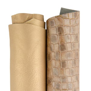 BUNDLE of 2 gold beige leather hides, pearlized metallic goatskin and crocodile embossed calfskin for crafting B17531-MT(ST) La Garzarara