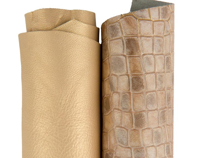 BUNDLE of 2 gold beige leather hides, pearlized metallic goatskin and crocodile embossed calfskin for crafting B17531-MT(ST) La Garzarara