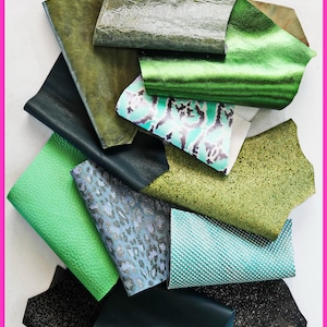Sacchetto di ritagli di pelle miste, color VERDE, stampe, fantasie e morbidezze varie   0,300 kg    B1290-RC   La Garzarara