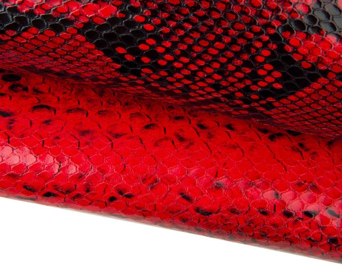 Red black PYTHON leather hide, snake printed GLOSSY calfskin, reptile printed soft cowhide, 0.7 - 0.9 mm B18014-ST La Garzarara