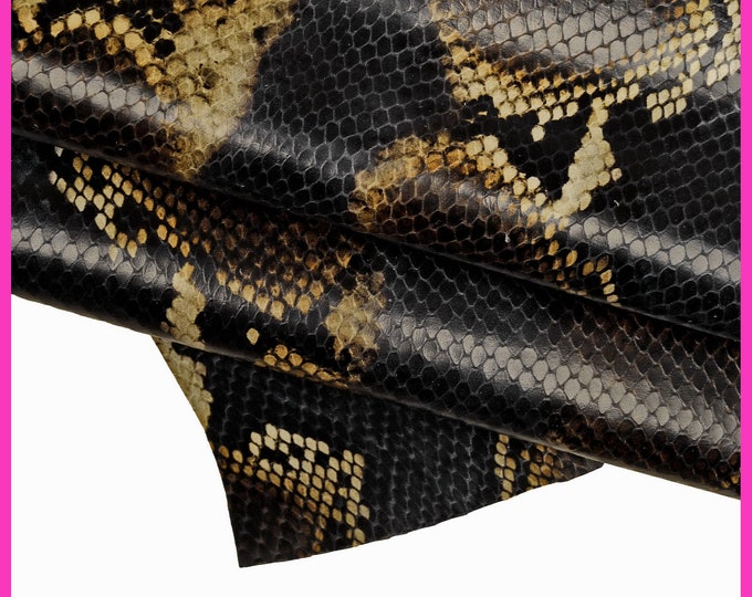 PYTHON textured LEATHER hide, blue brown beige glossy reptile printed cowhide, snake pattern on soft calfskin B15558-STLa Garzarara