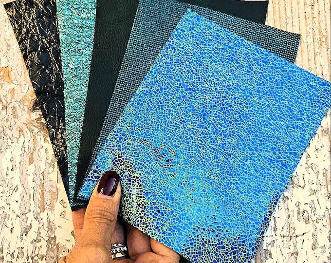 5 Selected leather scraps, GREEN tones, printed and metalic printed,mix selection leather pieces as per pictures RT239  La Garzarara