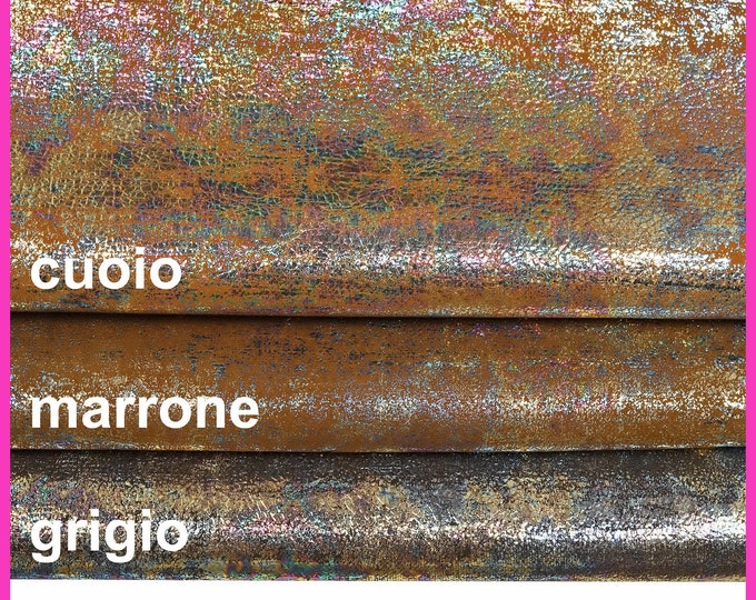 Grey, tan, brown HOLOGRAPHIC METALLIC leather hide, iridescent suede effect calfskin, glossy soft cowhide B14650-MT La Garzarara