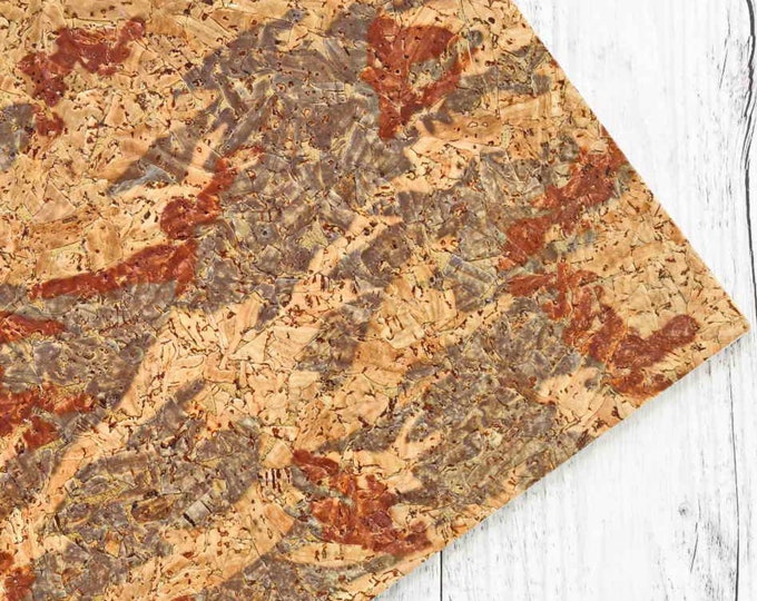 Multicolor CORK sheets - natural  precut pieces ,vegan , hunter green/rust abstract print  4 x 6" / 8 x 10" / 12 x 12"  B896  La Garzarara