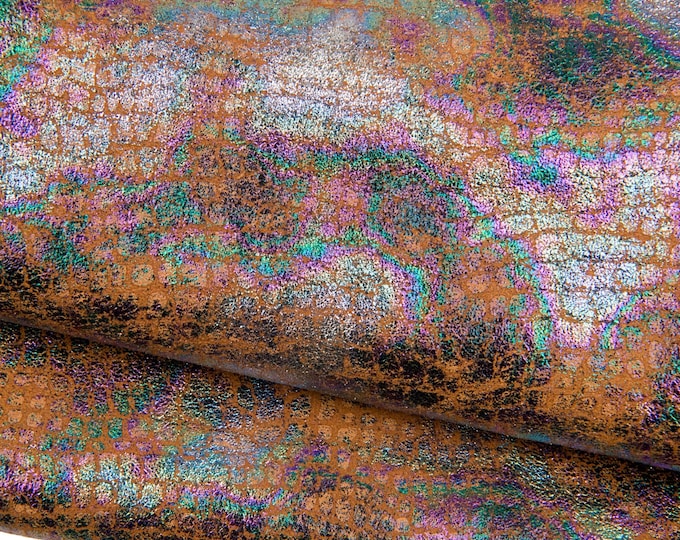 HOLOGRAPHIC printed leather skin,brown CROCODILE embossed goatskin, worn vintage effect very soft for hobbyists  B18731-MT(st) Garzarara