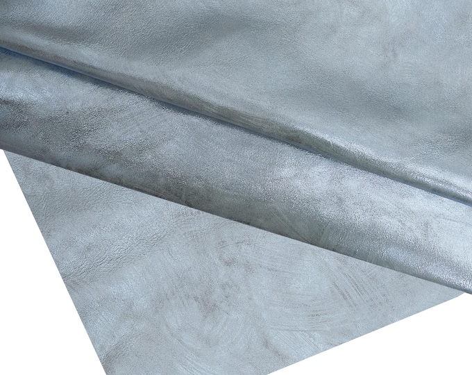 Greyish light blue METALLIC leather hide, STROKE print on bright cowhide, glossy soft suede calfskin B16735-MT(st)  La Garzarara