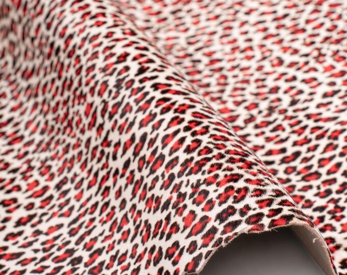 LEOPARD printed hair on leather hide, red - black CHEETAH texture on cream pony calfskin, cowhide for crafting B18985-CV   La Garzarara
