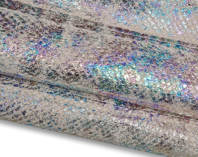 Light grey HOLOGRAPHIC leather hide, multicolor metallic print on SALMON band, soft material B17900-MT(st)   La Garzarara