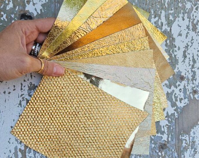 10 Selected leather scraps, GOLD tone, printed and foils various, mix selection leather remnants as per pictures RT218