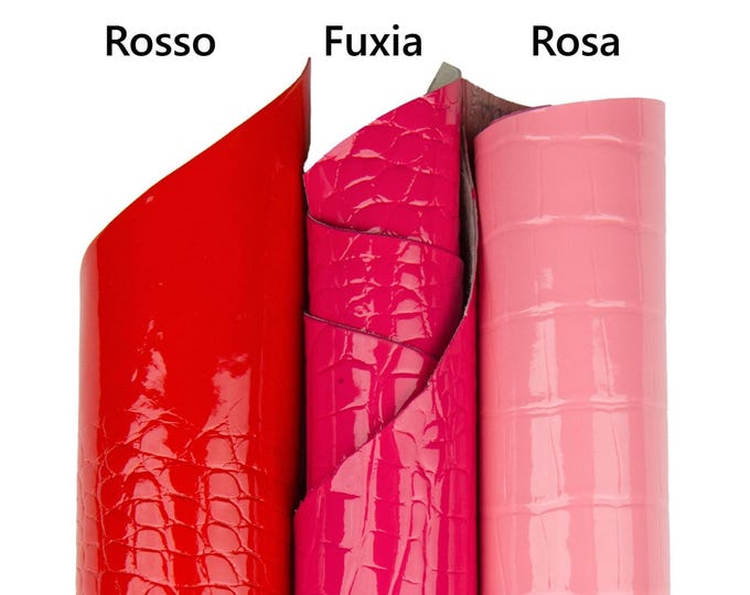 CROCODILE embossed leather hide, red - fuchsia - pink ALLIGATOR printed cowhide, glossy baby calf for crafters B18673-ST La Garzarara