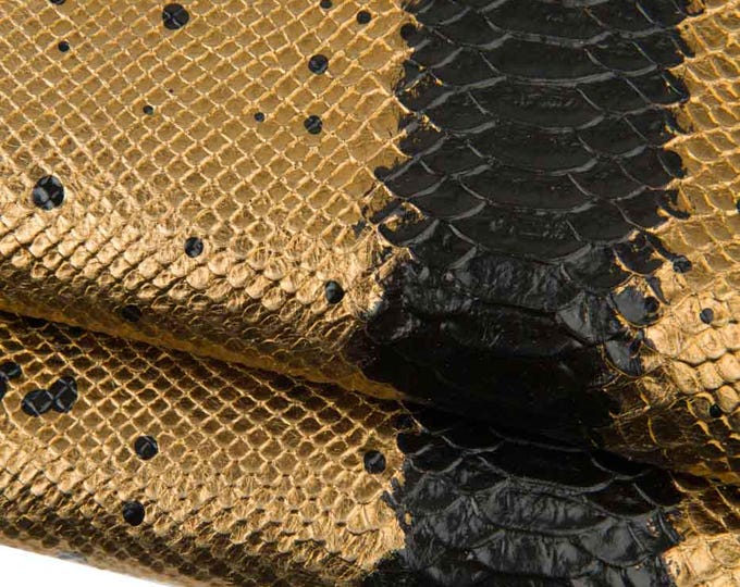 METALLIC REPTILE embossed leather hide, black splash + stripe prints on gold cowhide, soft painted calfskin B18574-MT(st) La Garzarara