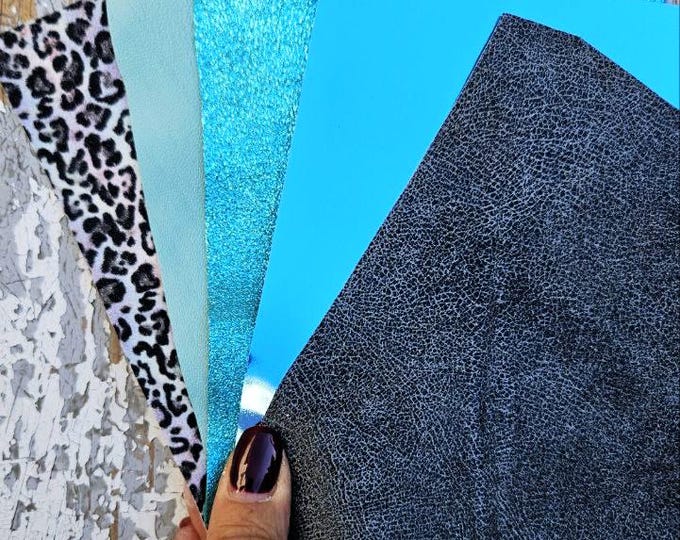 5 Selected leather scraps, TURCHOISE, SKY BLUE tones, printed and metalic printed,mix selection leather pieces as per pictures RT237