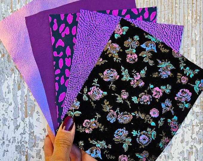 5 Selected leather scraps, PURPLE tones, printed and metalic printed,mix selection leather pieces as per pictures RT238  La Garzarara