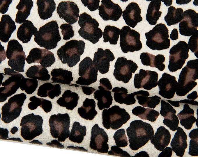LEOPARD printed hair on leather hide, brown - black cheetah texture on cream PONY calfskin, cowhide for crafting  B18379-CV La Garzarara