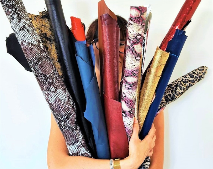 Full Leather skins Random Assortment - medium size - mix of colors, patterns, Crafting Leather Bundles  5 skins / 10 skins  B127