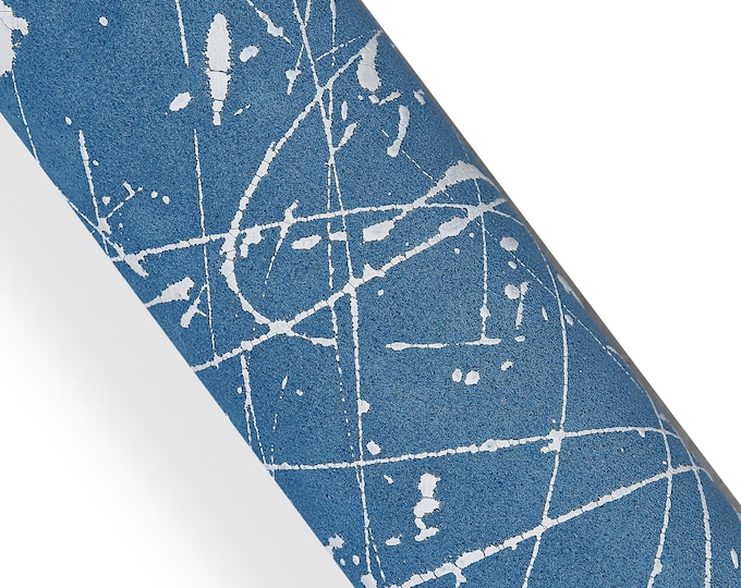 White SPLASH print on light blue NUBUCK cowhide, handpainted suede leather hide, sporty soft calfskin for hobbyists  B17199-DM La Garzarara