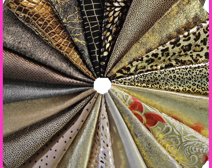 Leather sheets GOLD BRONZE, pre cut leather pieces random selection, mix metallic, printed cut off B14390-PZ La Garzarara