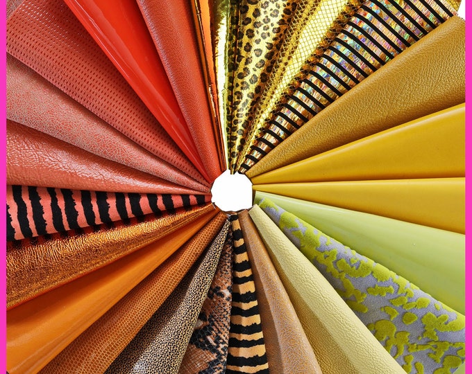 Leather sheets YELLOW ORANGE, pre cut leather pieces random selection, mix metallic, printed cut off B14384-PZ La Garzarara