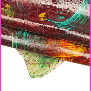 Pelle dipinta a mano bordeaux, verde e giallo, vitello lucido spatolato, pelle stampa pennellate effetto crack B16173-DM La Garzarara