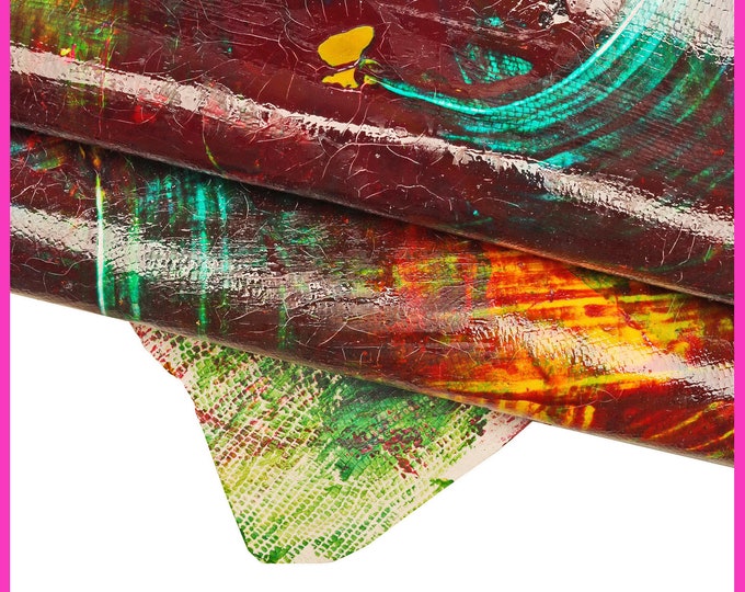Painted leather hide, burgundy, green, yellow glossy cowhide, original hand crafted strokes pattern calfskin, crackle effect B16173-DM