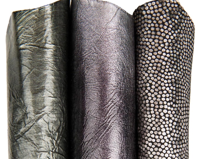 Set of 3 grey - steel leather skins, assortment of metallic PRINTED soft textured goatskins as per picture B18325-MT(st) LaGarzarara