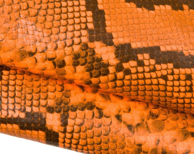 Fluo - NEON orange python leather hide, glossy REPTILE printed cowhide, snake pattern on soft calfskin for hobbyists B18135-ST La Garzarara