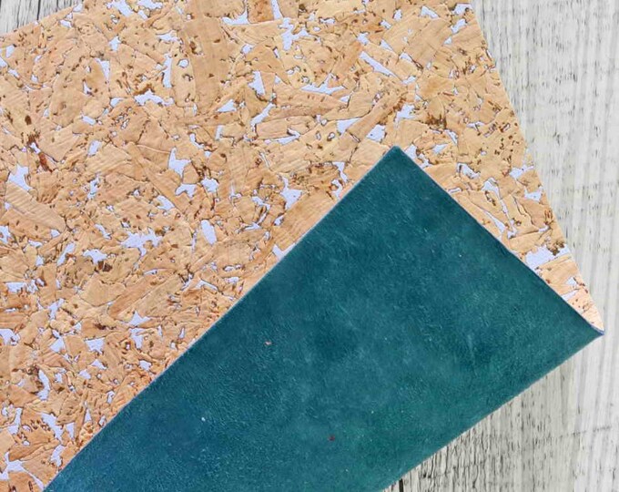 Cork Leather - Print Speckled Light Blue - Cork Printed Leather SUEDE - Cowhide Backed Cork Sheets  B944