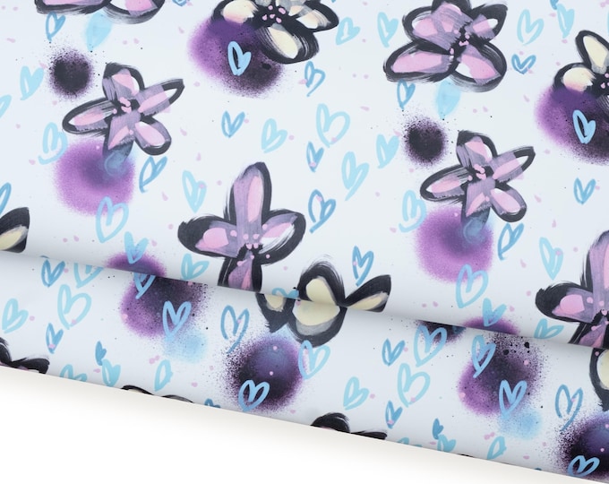 Colorful FLORAL printed leather, soft matte white calfskin with lilac purple and light blue hearts and flowers   B18780-ST   La GArzarara