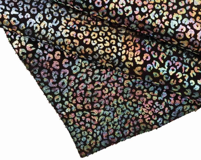 Mini LEOPARD printed leather hide, HOLOGRAPHIC animal pattern on black suede calfskin, metallic printed cowhide for hobbyists B18847-MT(st)