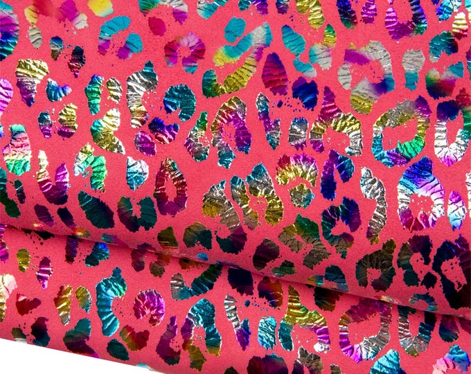 CHEETAH textured suede goatskin, MULTICOLOR leopard print on fuchsia leather skin, soft material for crafting B18433-MT(st) La Garzarara