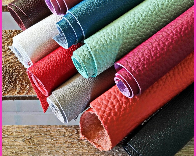 Pebbled Leather scraps big size, grainy cow and  calfskin solid colors, random assortment, 5 pieces, italian offcut 16 x 16"/40 x 40cm B1088