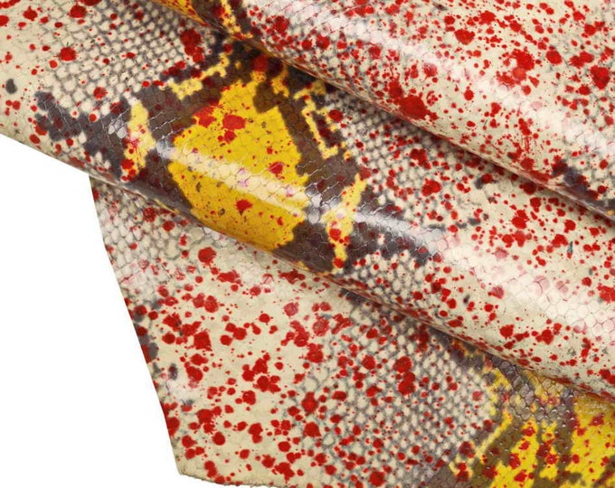 SPLASH python print leather – glossy SNAKE goatskin with red, yellow, grey pattern – for leathercraft and bags – LaGarzarara B13300-ST