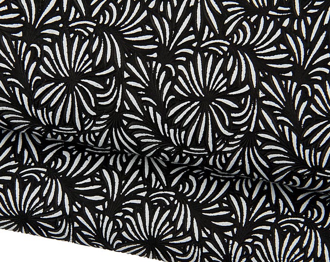 Black white FLORAL embossed leather hide, flower print on calfskin, stiff cowhide 1.5 - 1.7 mm B17555-MT(ST) La Garzarara