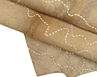 BEIGE HAIR on leather hide, embroidered hairy cowhide, vintage super soft pony effect calfskin B14254-CV La Garzarara