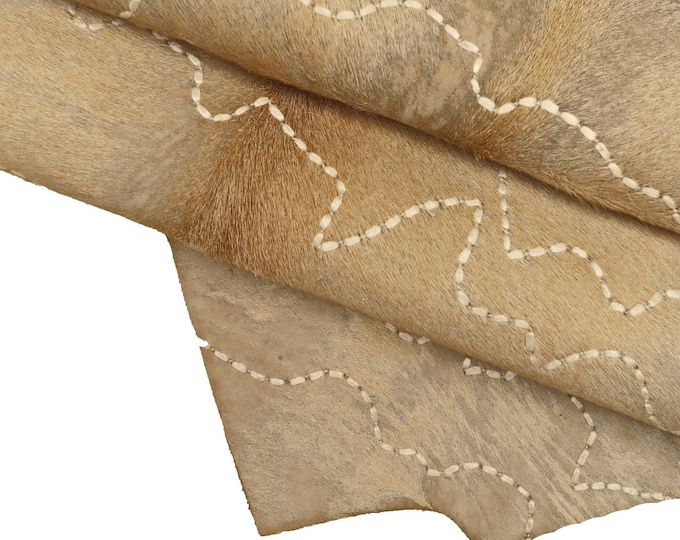 BEIGE HAIR on leather hide, embroidered hairy cowhide, vintage super soft pony effect calfskin B14254-CV La Garzarara
