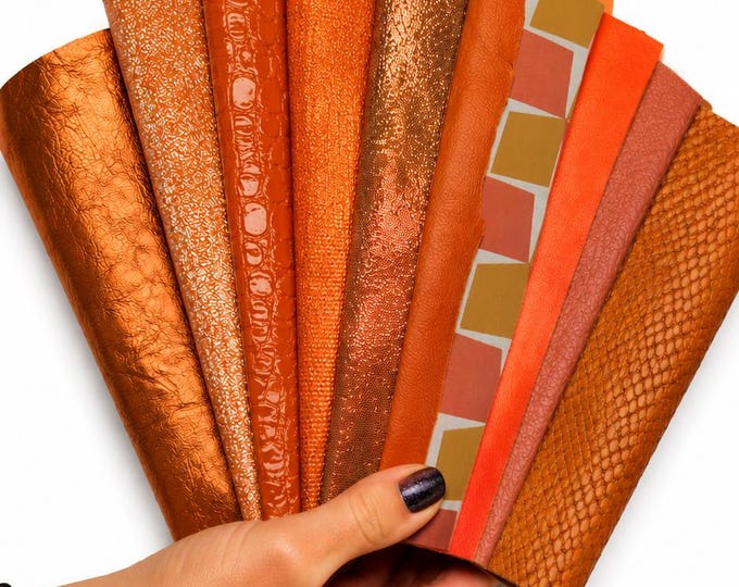 Orange Leather Scraps, Premium Selected Remnants, Mixed Textures Prints and Special Finishes 6x5"/15x12 cm  10x8"/25x20 cm PREMIUM5