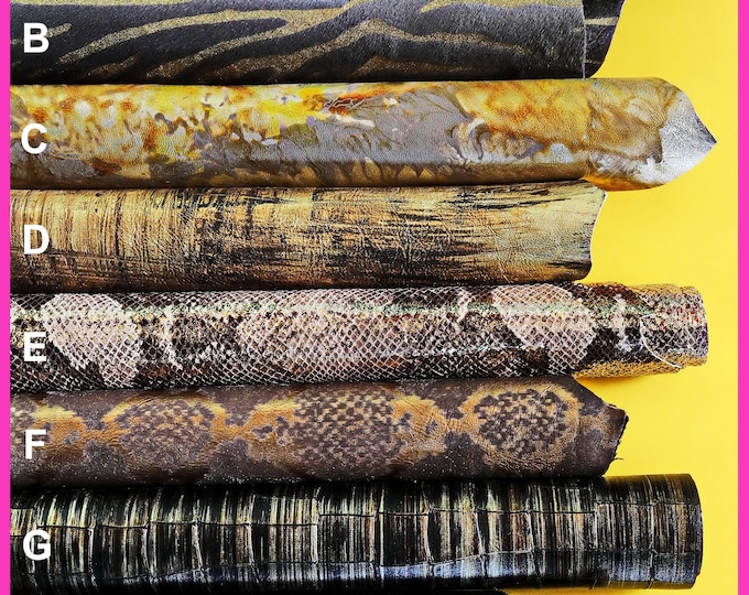 PACK of 7 gold black matching skins, lot of hair on, metallic, printed leather hides as per picture B15020-MT(st) La Garzarara