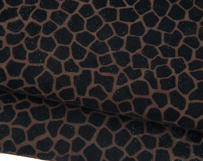 GIRAFFE printed leather skin, black - brown ANIMAL textured goatskin, soft winter flocked leather for hobbyists B18946-ST  La Garzarara