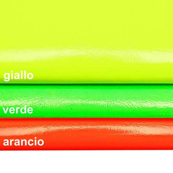 FLUO glossy leather skin, neon yellow, green, orange patent effect goatskin, wrinkled skin, medium softness B15185-TU   La Garzarara