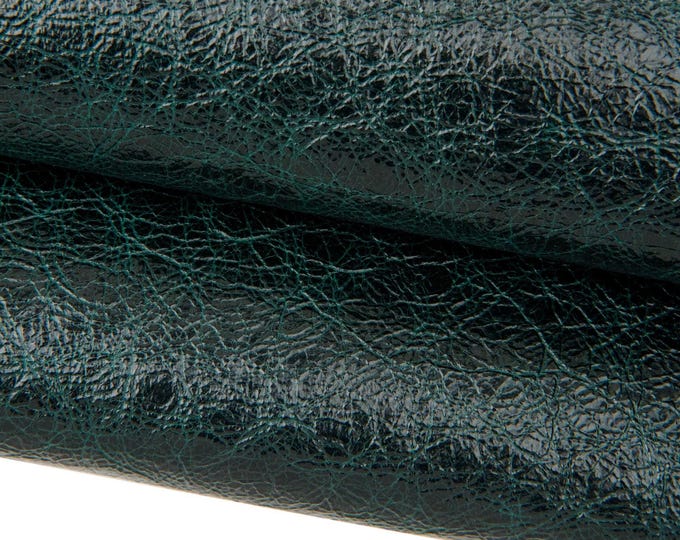 Dark green GLOSSY goatskin, vintage wrinkled leather skin, sporty CRACKLED soft hide for crafting B17553-VT La Garzarara