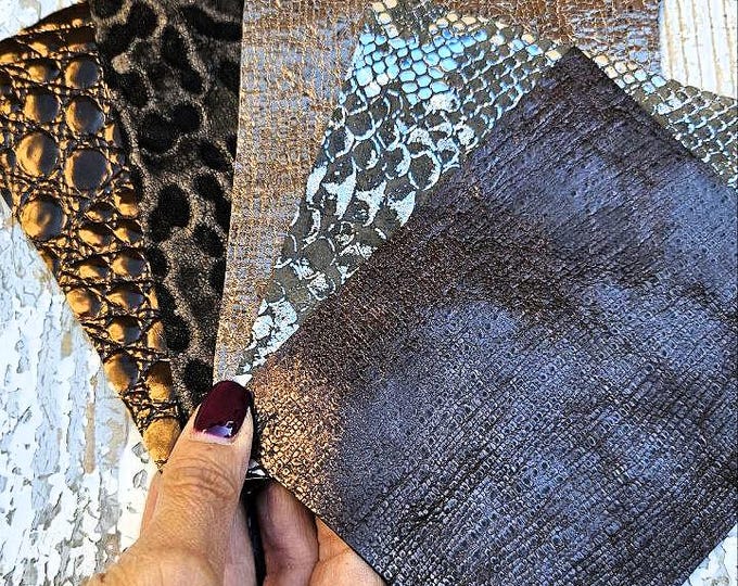 5 Selected leather scraps, BROWN and BRONZE tones, printed and metalic printed,mix selection leather pieces as per pictures RT240