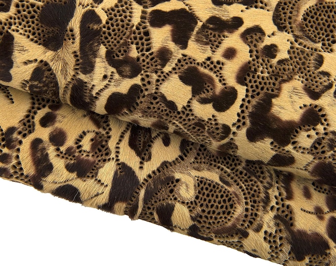 LEOPARD textured hair on leather hide, beige brown cheetah animal printed PERFORATED pony calfskin B17432-CV La Garzarara