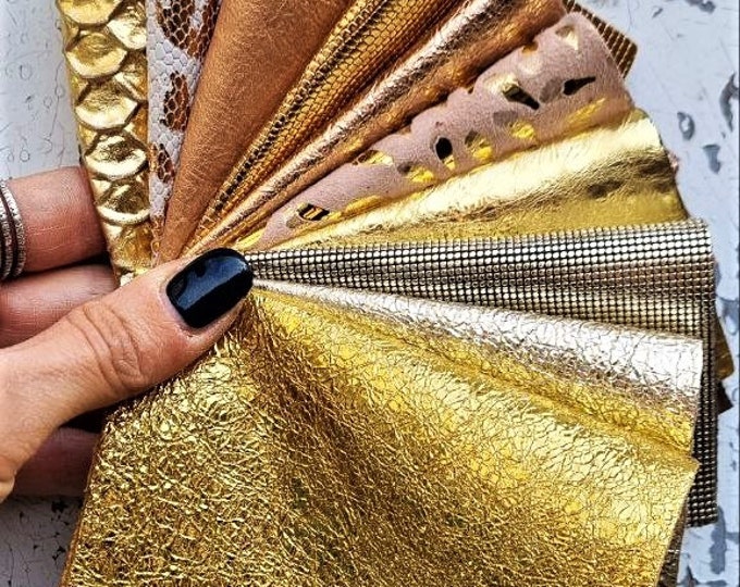 10 Selected leather scraps, GOLD and BRONZE colors, printed and foils various, mix selection pre-cut leather remnants as per pictures  R105