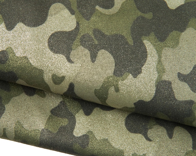 CAMOUFLAGE TEXTURED leather hide, green - steelmetal - gunmetal print on bright soft split cowhide B18917-MT(st) La Garzarara